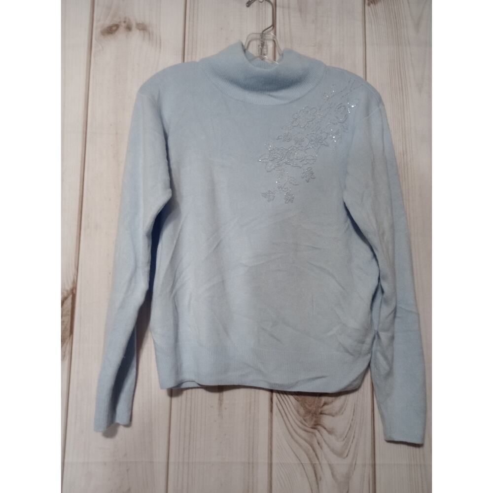 Dressbarn Sweater Ladies Medium Petite Old Money Blue Beaded‎ Floral